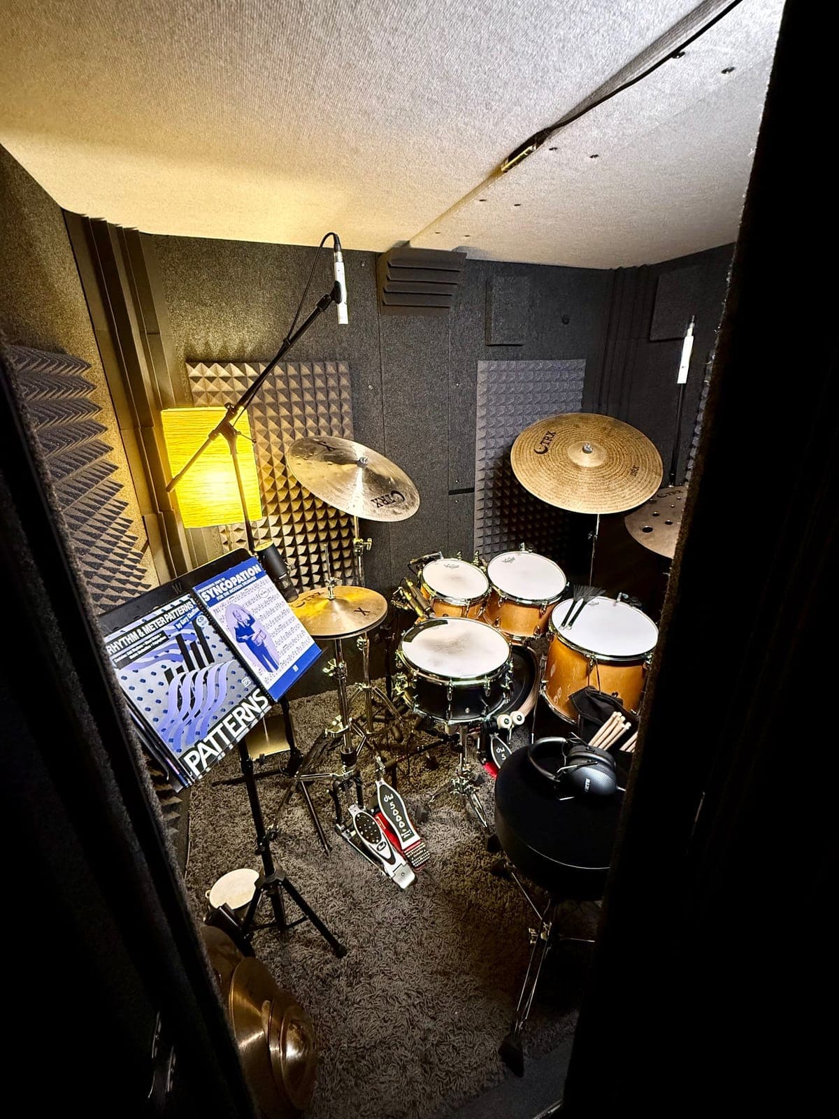 Drum kit set up inside the Whisper Box